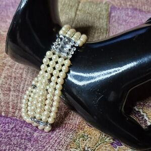 Vintage Monet Cream Pearl Multi-Strand Bracelet with Crystal Accent